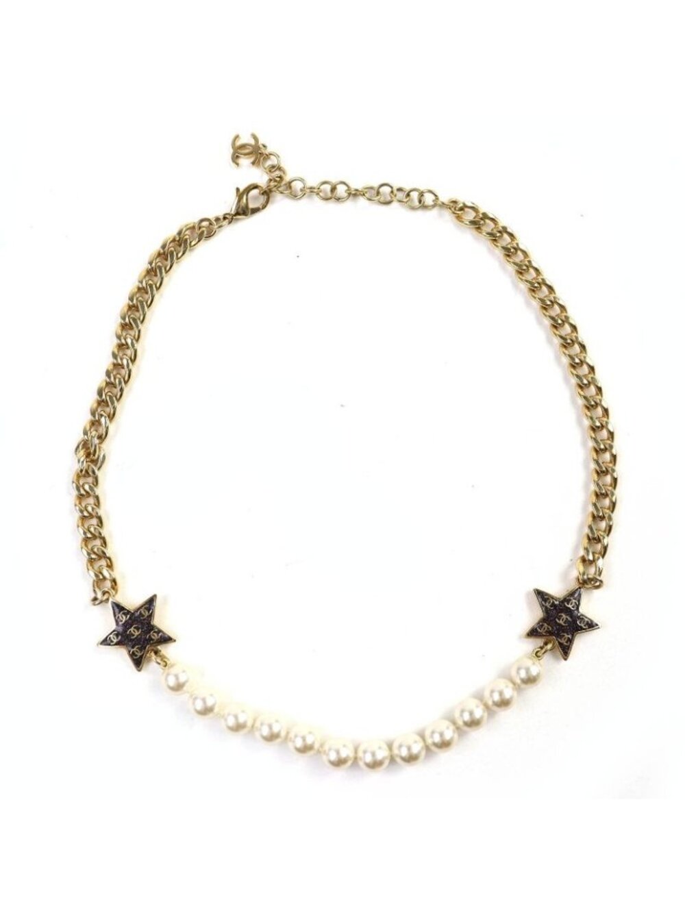 Chanel C24 C Coco Mark Star Lame Pearl Choker Necklace Accessory Gold White